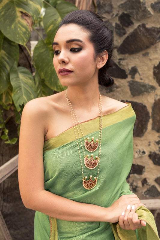 3 Layered Pearl Necklace with Temple Motif