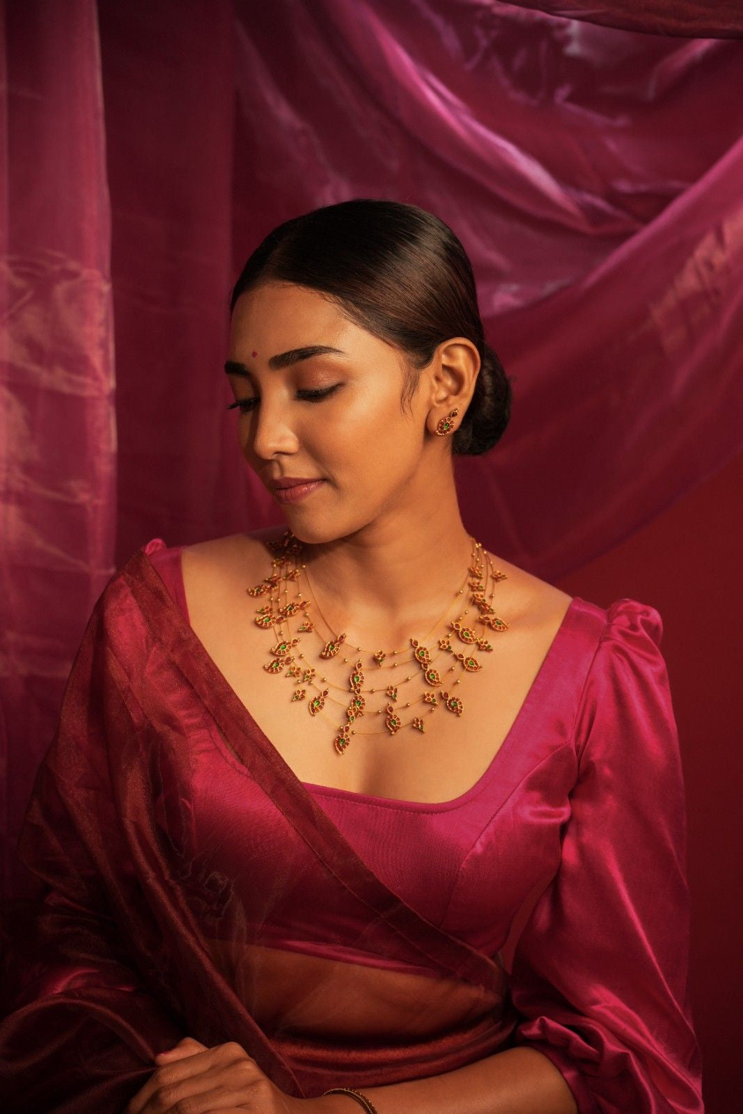 Womens Layered Necklaces with Temple Design in Dull Pink