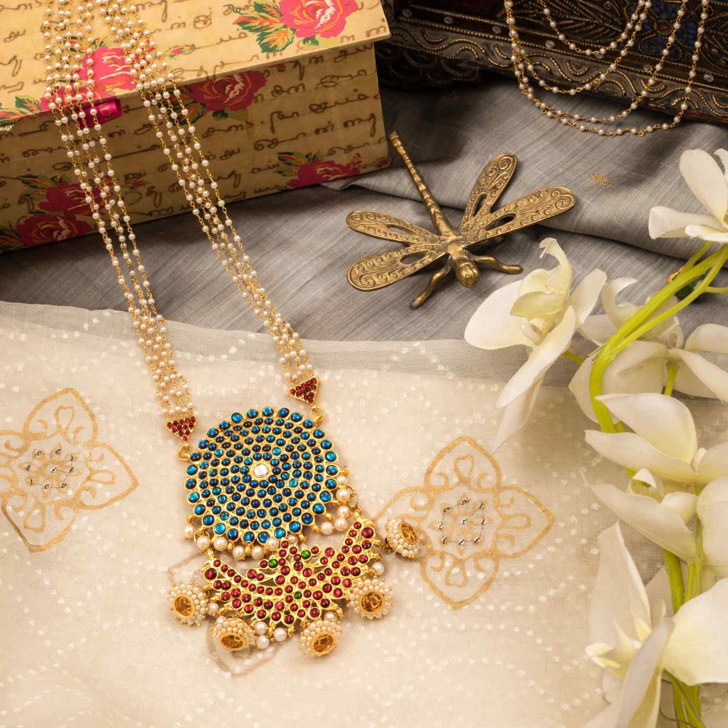 Floral Pearl Necklace with Blue Floral Pendant