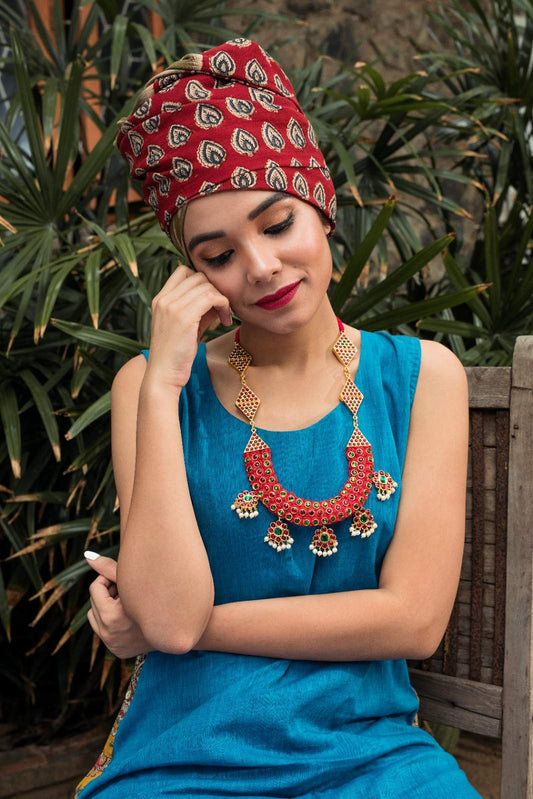 Statement Neck Piece with Temple Motif in Red
