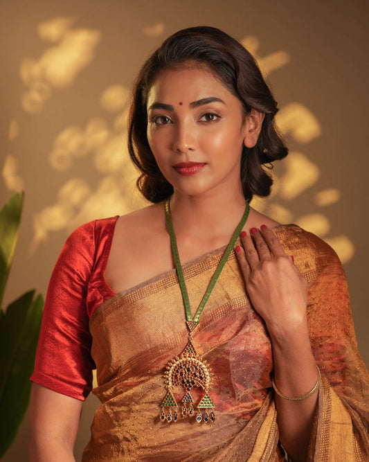 Women's Statement Necklace with Moon Motifs and Green Zari