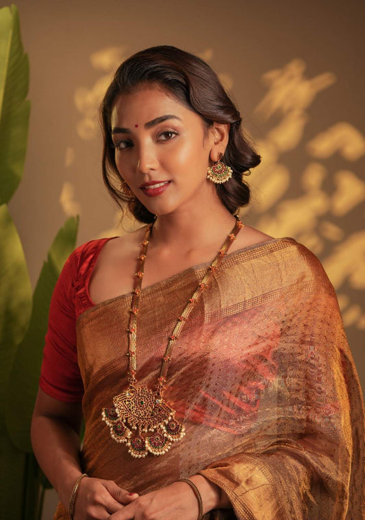 Temple Jewellery Necklace Set with Brown Brocade and 5 Pendants