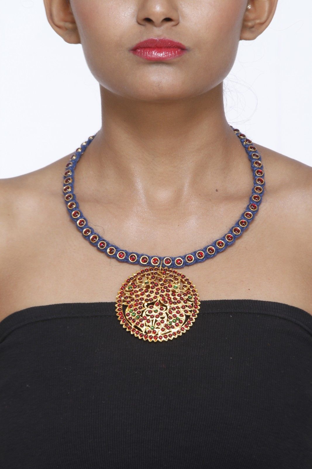 Azure Blue Neckpiece with Wine Red Stones and a Peacock Motif