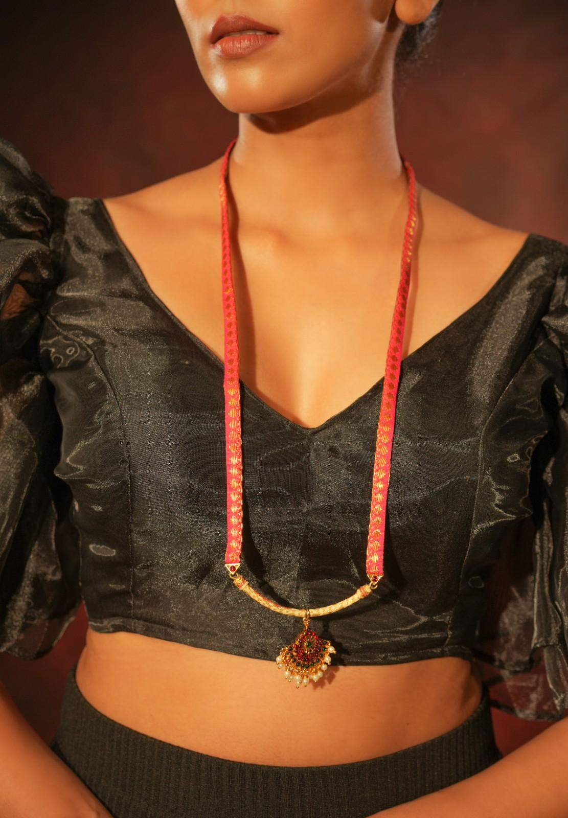 Contemporary Brocade Long Necklace Design in Pink