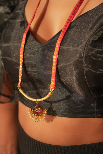 Contemporary Brocade Long Necklace Design in Pink