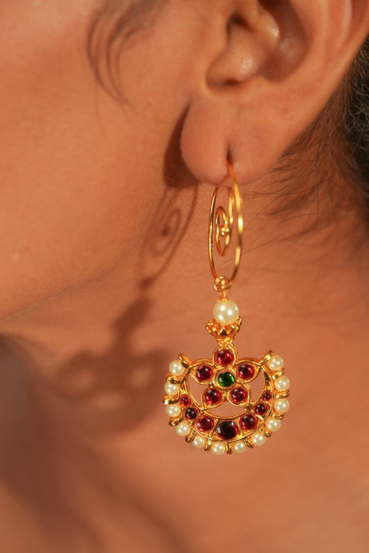 Contemporary Earring with Spiral Hook and Moon Motif