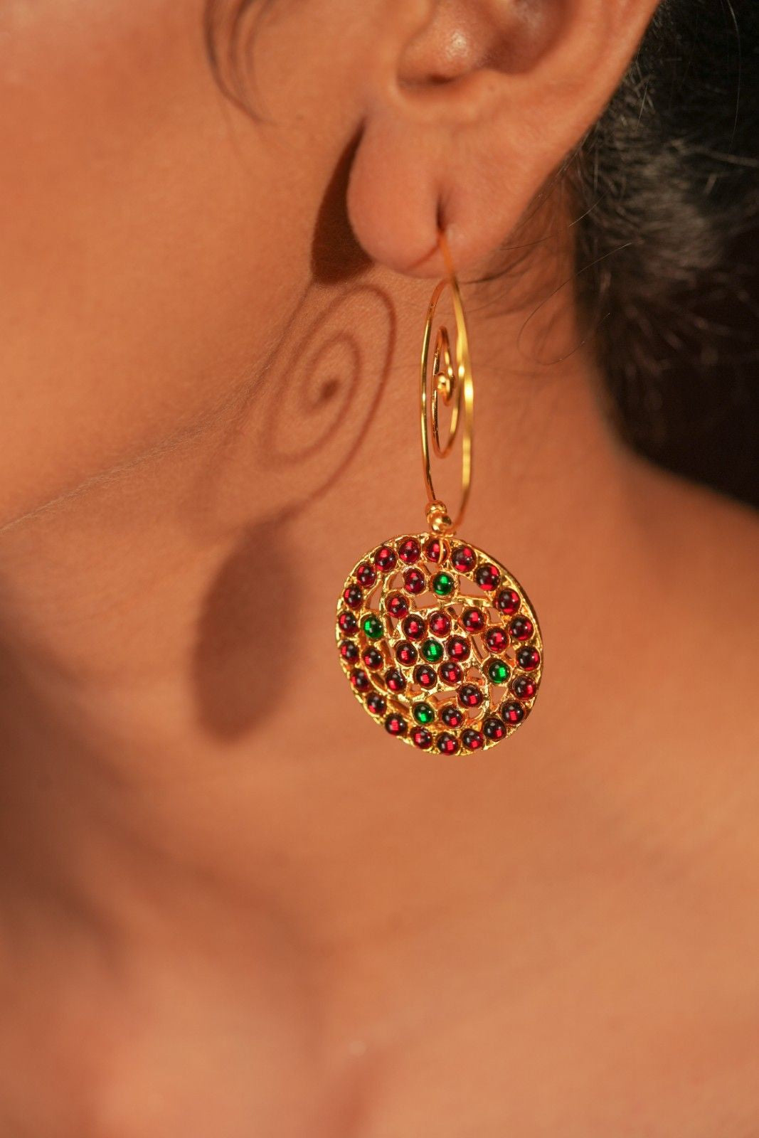 Contemporary Earring with Spiral Hook and Round Motif