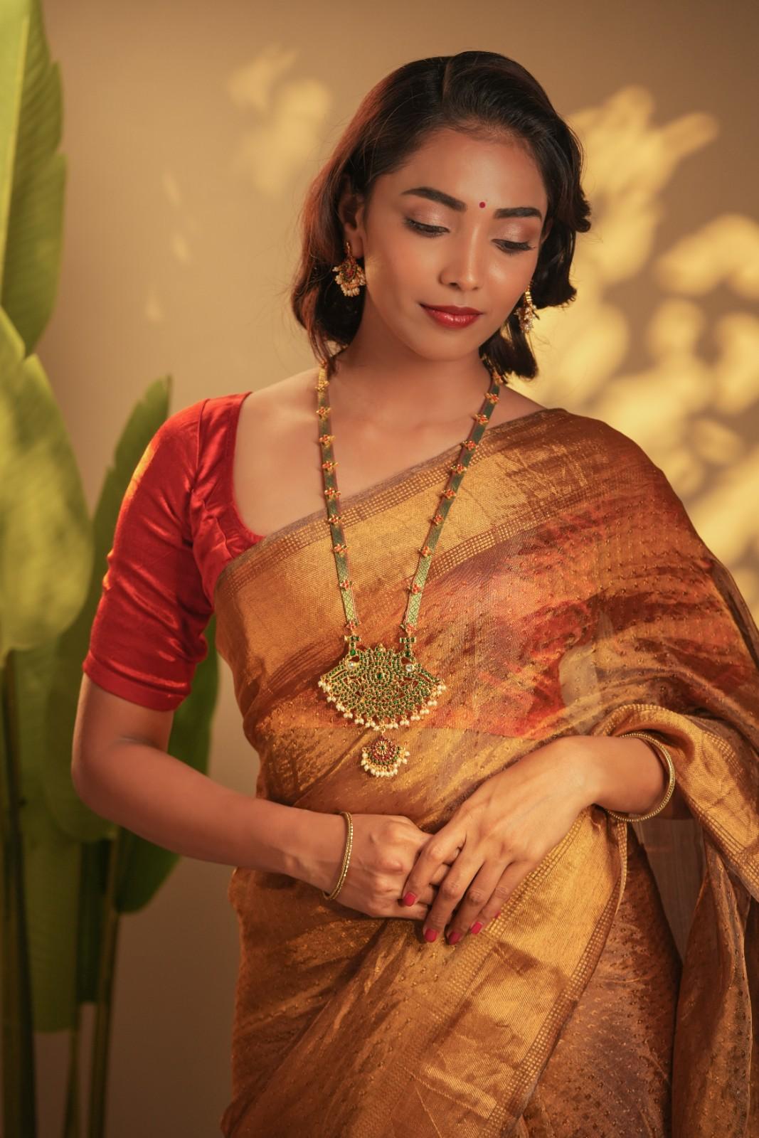 Gold Tone Temple Necklace Set- Green Zari Haaram