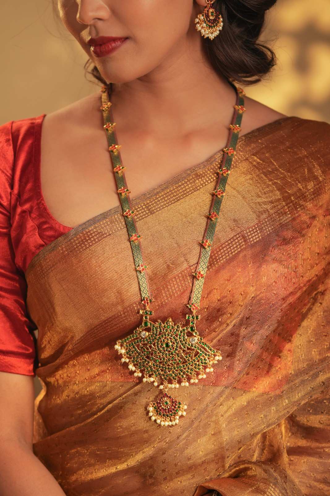 Gold Tone Temple Necklace Set- Green Zari Haaram