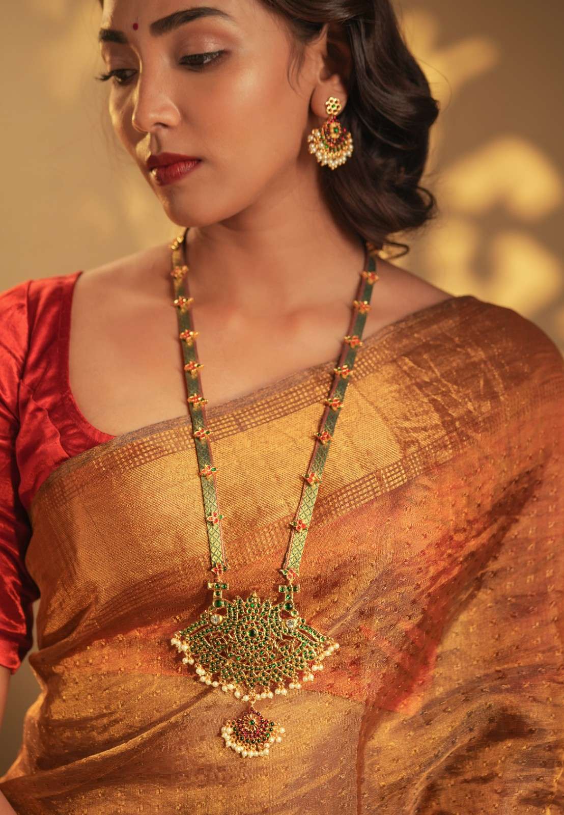 Gold Tone Temple Necklace Set- Green Zari Haaram