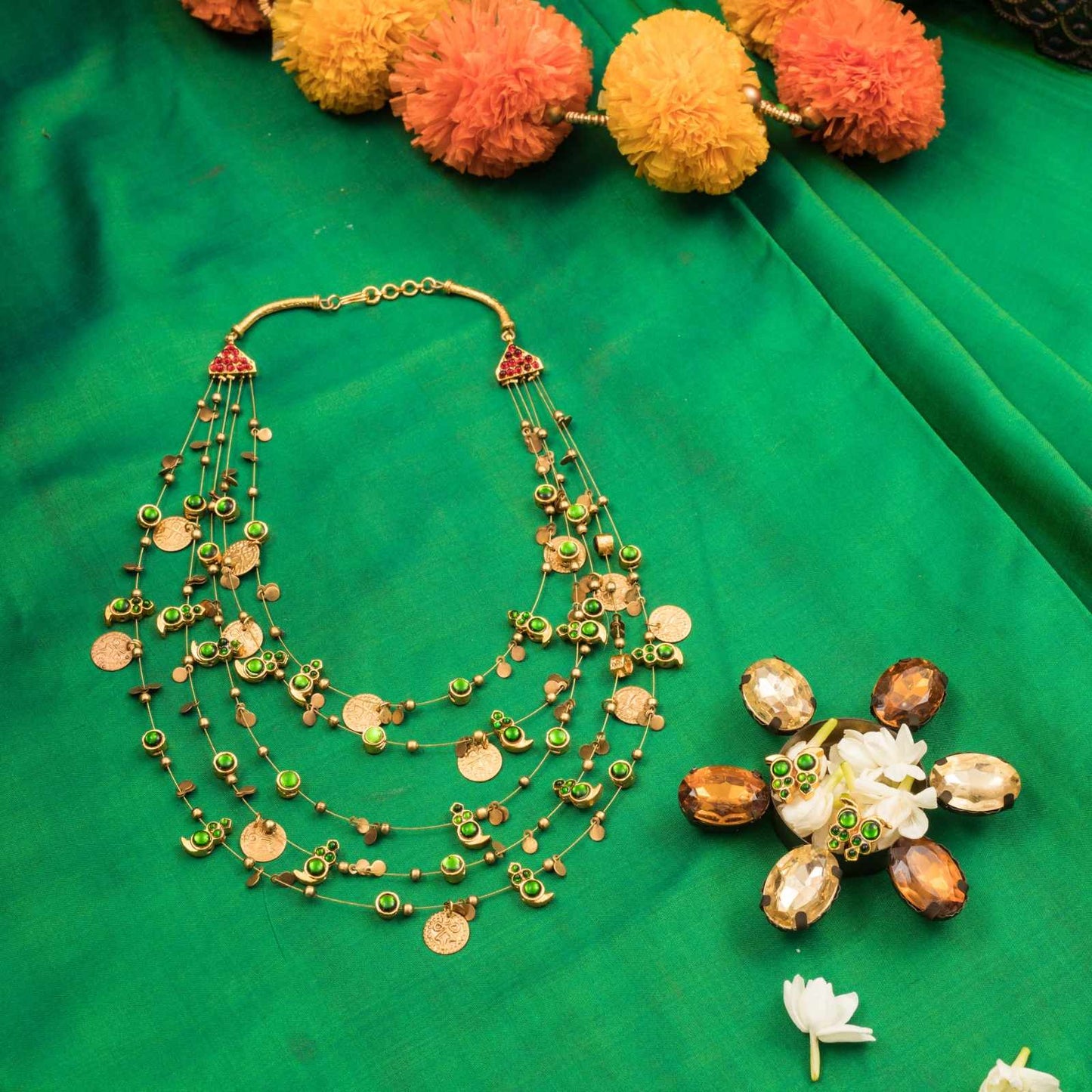 Layered Green Motif Temple Necklace