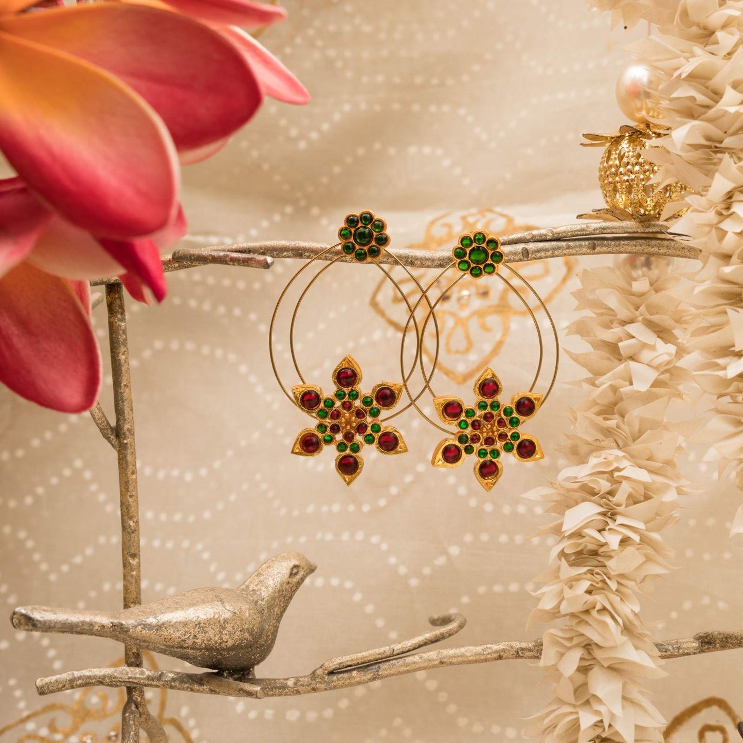 Layered Rings with Temple Motif Flower