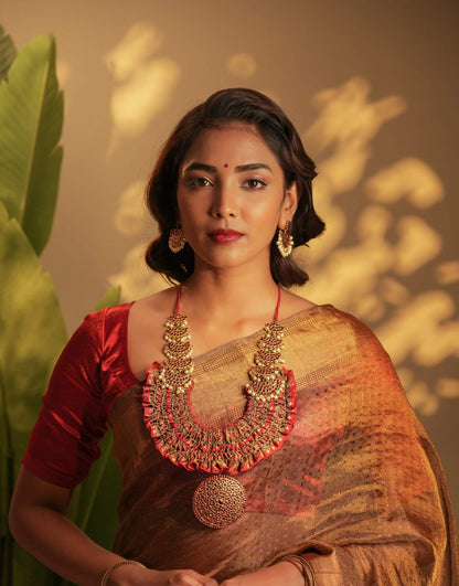 Statement Brocade Temple Neckpiece with Pearls Red