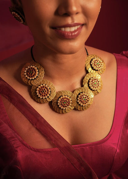 Statement Coined Temple Necklace Round Red