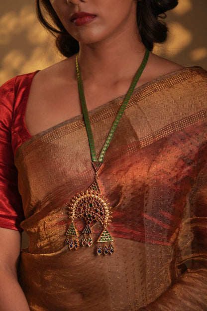 Statement Temple Necklace with Moon Motifs and Green Zari Necklace