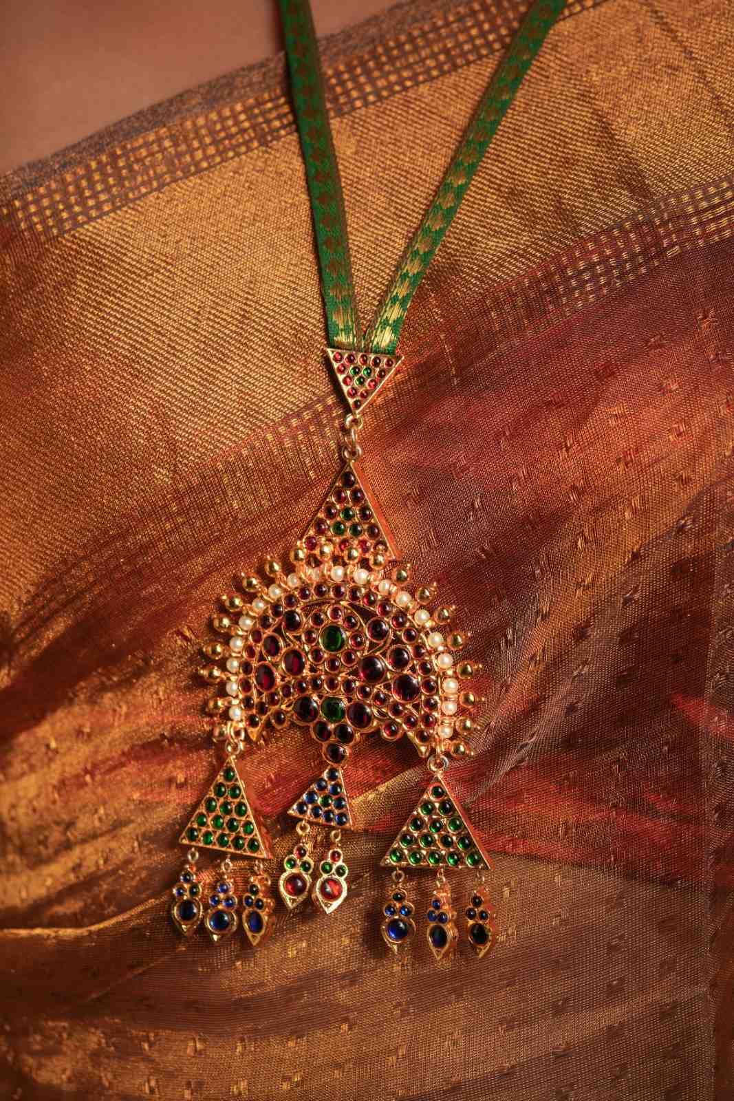 Gold Tone Temple Necklace Set- Green Zari Haaram