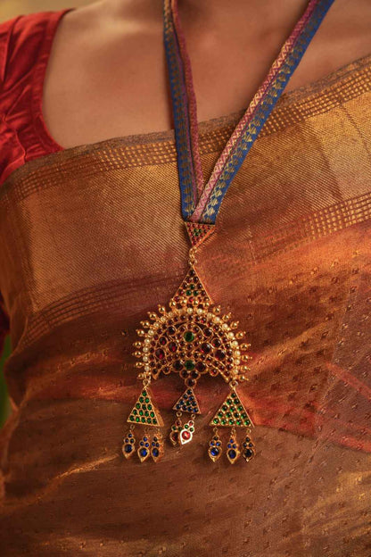 Statement Temple Necklace with Moon Motifs and Zari Necklace