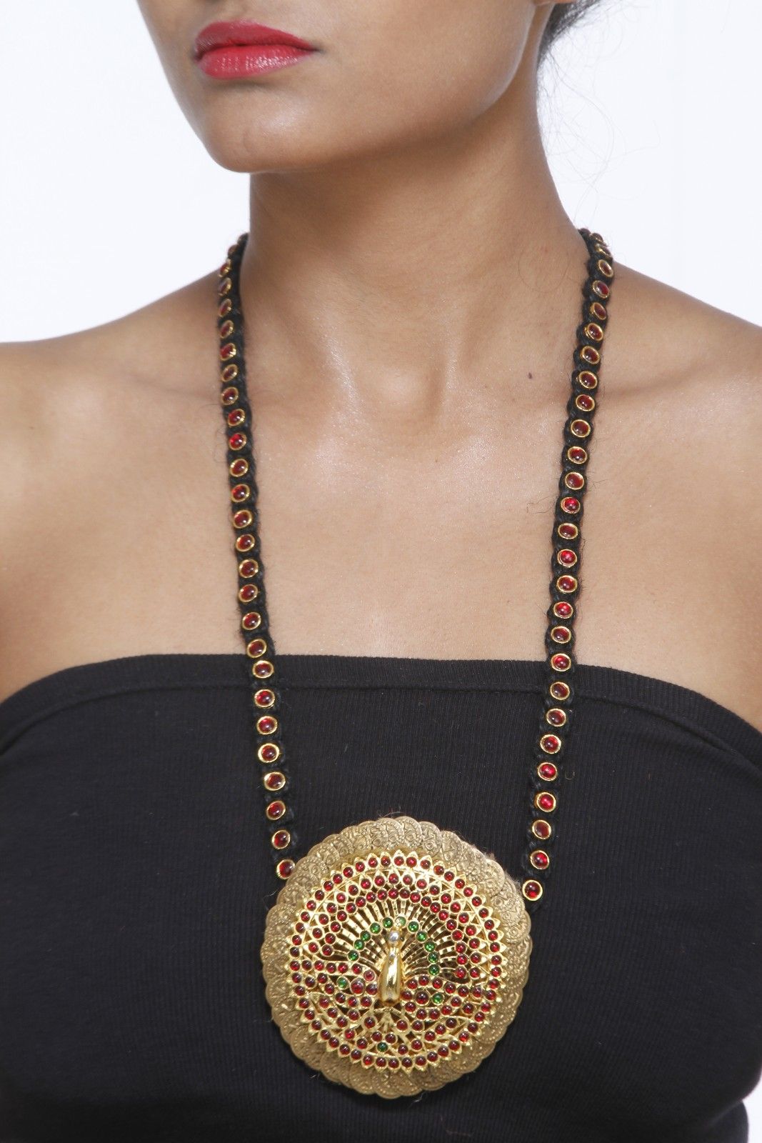 Soot Black Neckpiece with Wine Red Stones and a Peacock Motif with Kasu