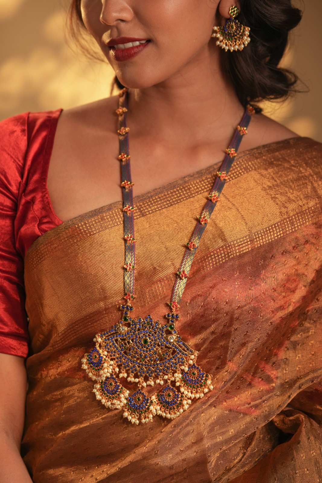 Temple Motif Long Necklace with Blue Brocade and 5 Pendants