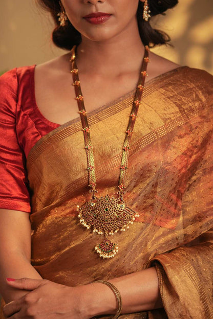 Temple Motif Long Necklace with Brown Brocade