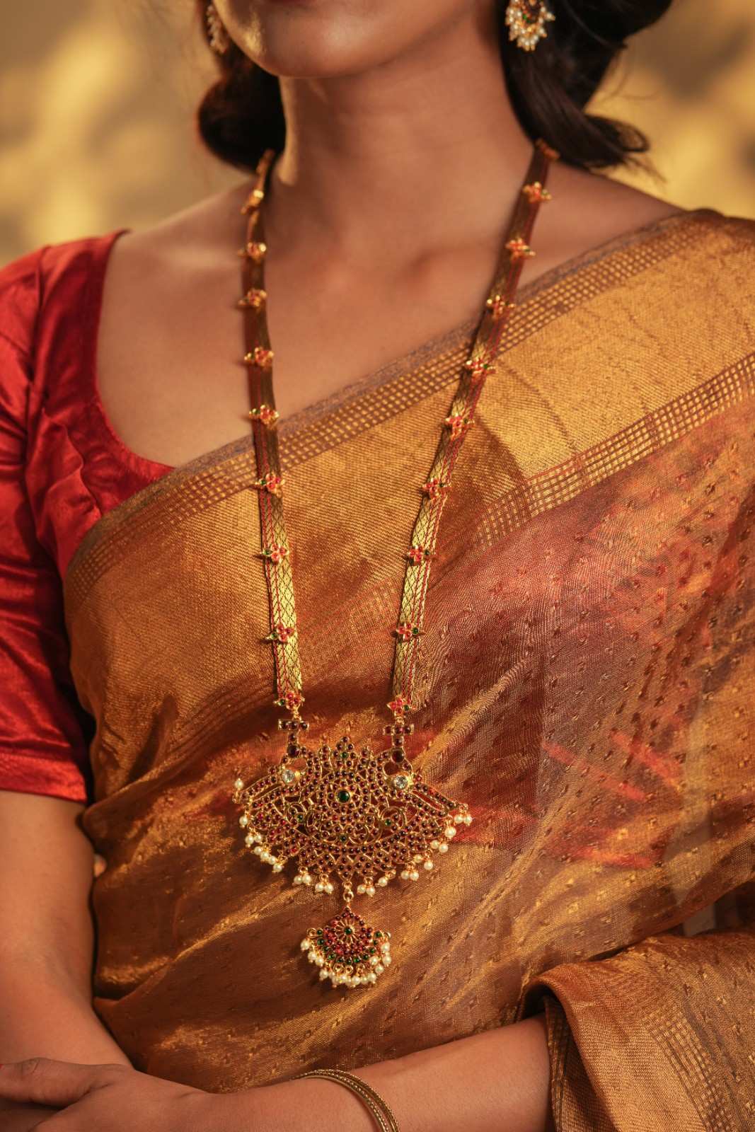 Temple Motif Long Necklace with Brown Brocade