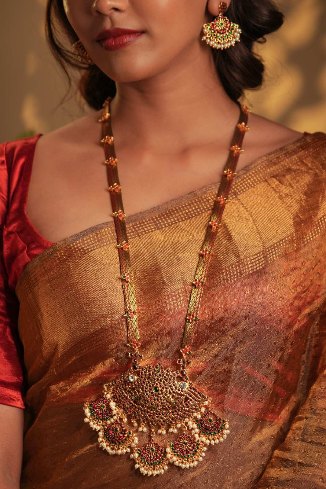 Temple Motif Long Necklace with Brown Brocade and 5 Pendants