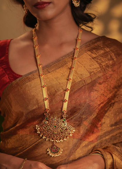 Temple Motif Long Necklace with Off White Brocade