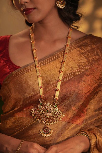 Temple Motif Long Necklace with Off White Brocade