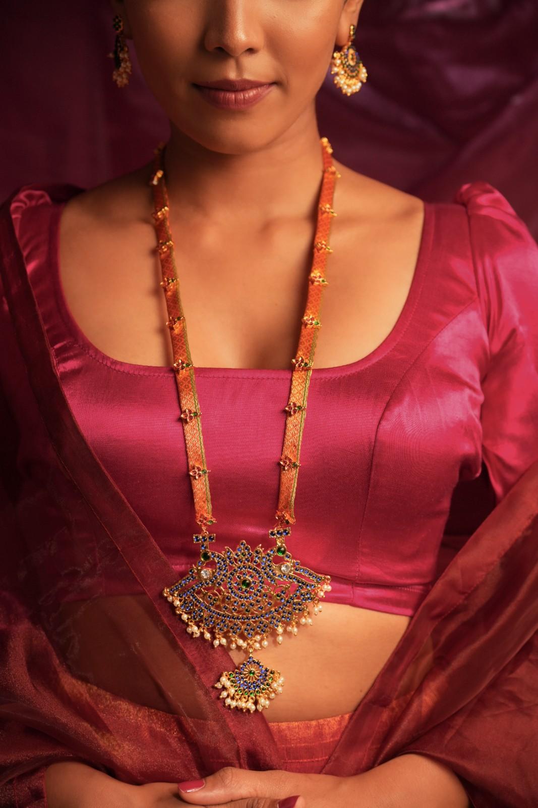 Temple Motif Long Necklace with Orange Brocade