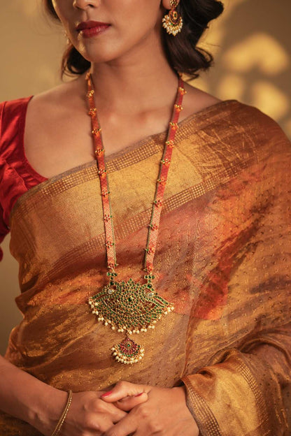 Temple Motif Long Necklace with Pink Brocade