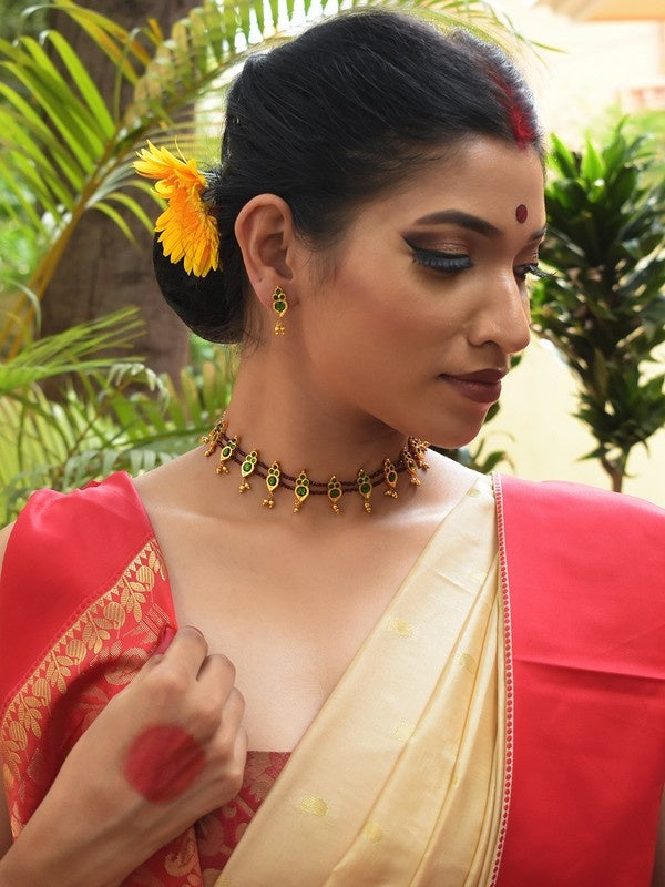 Maroon crystal choker with temple motifs