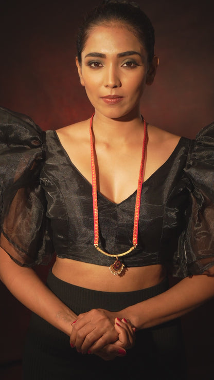 Contemporary Brocade Long Necklace Design in Pink