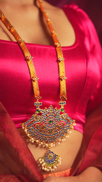 Temple Motif Long Necklace with Orange Brocade