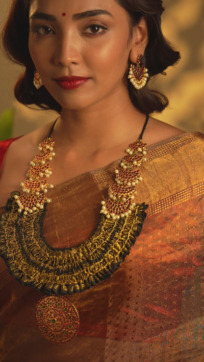 Peal Neck Piece with Soot Black, Wine Red Stones & Peacock Motif